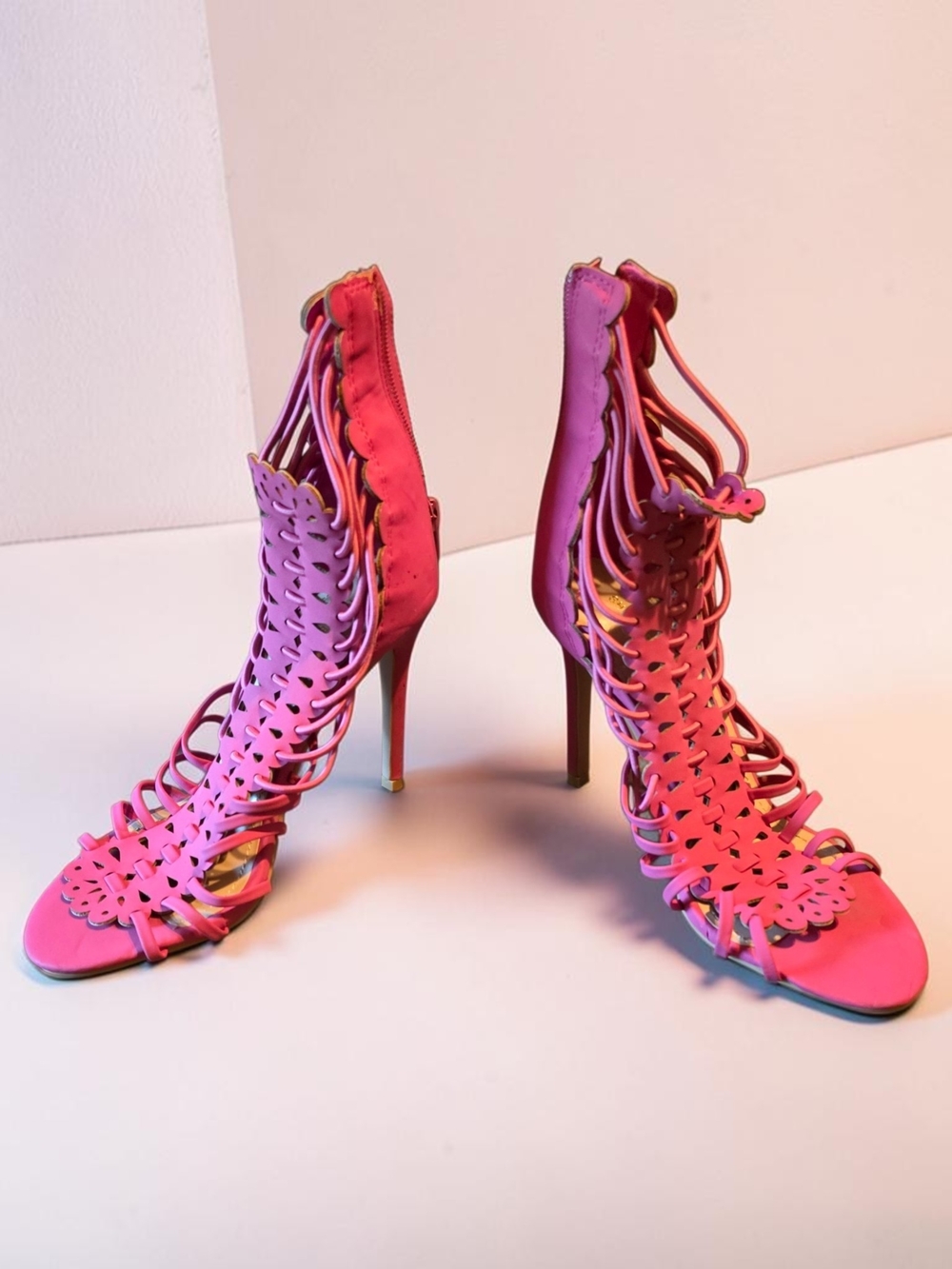 Fuchsia‎ Strappy High Heel Sandals Women's Sculpted Lace Up Stiletto Evening